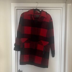 Women Pendleton Red and Black Buffalo Check Pea Coat with Leather Trim - Size SP